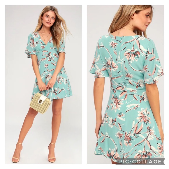 Lulus Dresses & Skirts - Lulus Floret Aqua Floral Short Sleeve Dress Size XS New With Tags